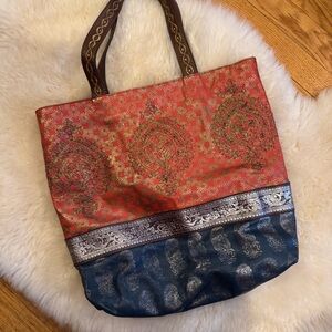 Boho embroidered paisley leather tote